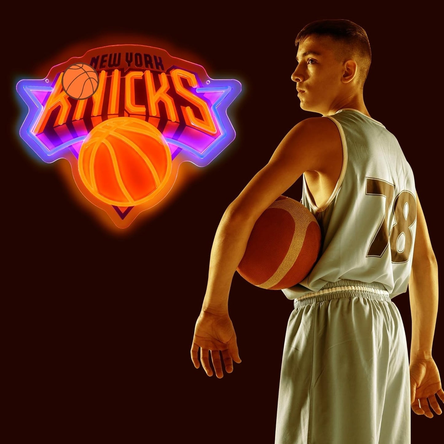 Basketball Team Neon Sign, Sport Light Up Dimmable New Yok Basketball Team Logo Hanging USB Powered Led Neon Sign for Wall Decor, Bedroom, Man Cave, Party, Birthday Party Christmas Merch Deco Gift for Boys New Yok Fans