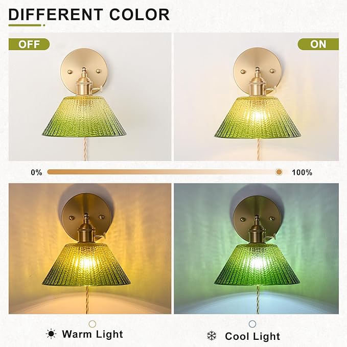 Plug in Wall Sconces Set of 2, Vintage Wall Sconce Light with Gradient Green Glass Lampshade, 180° Adjustable Wall Sconce with Switch and Plug in Wall lamp Cord, Gold Wall Light Wall Decor Set of 2