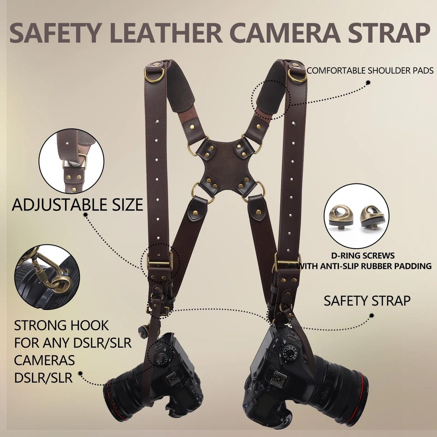 4J LEDR Dual Camera Harness Strap for Two-Cameras,Dual Shoulder Full Grain Leather Harness,Multi Double Camera Gear for DSLR/SLR Strap,Double Camera Harness for Photographers,Small Size,Brown