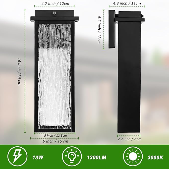Black LED Dusk to Dawn Outdoor Lighting 2 Packs, 16" Large Outside Farmhouse Wall Lantern, Industrial Porch Wall Mount Light Fixture with Rippled Glass, Waterproof Modern Exterior Sconce Lamp