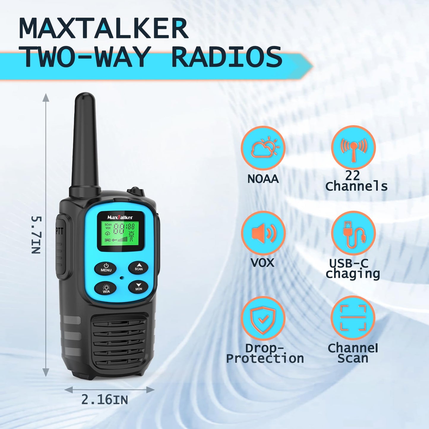 Walkie Talkies Long Range for Adult, MT10 Rechargeable Walkie Talkies FRS Two Way Radio, NOAA, 1200mAh Li-ion Battery USB-C Cable, LED Flashlight, VOX Walkie Talkie for Hiking Camping 2Pack