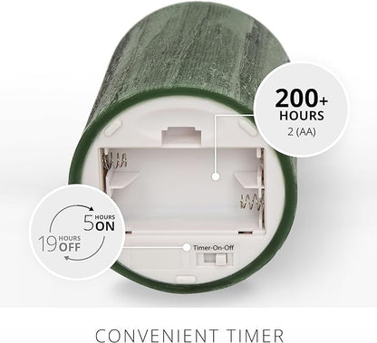 Luminara Selenite Looking Flameless Candle, Holiday Green 3" x 4.5", Battery Operated Real Wax Moving Flame LED Pillar w/Timer, Home Decor Unscented