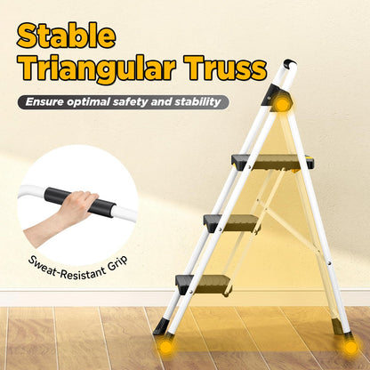 Urackify 3 Step Ladder, Folding Steel Step Stool with Safety Lock, Anti-Slip Wide Pedals, Pass 800lbs Load Testing, Handrail, Heavy Duty Portable Ladder for Multi-Purpose, Indoor, Office, Kitchen