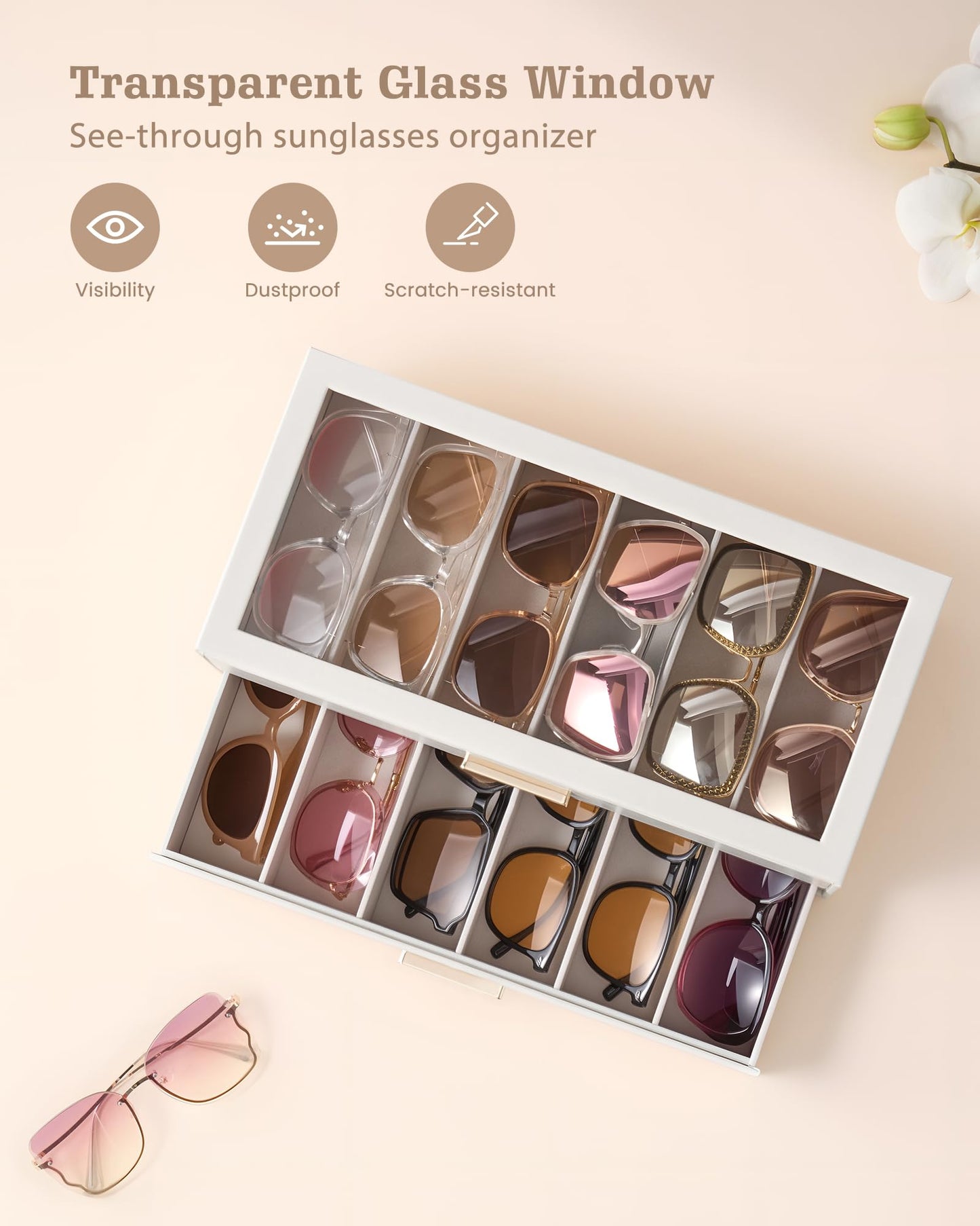 Lolalet 12 Slots 2-Layer Sunglasses Storage Box for Women, Eyewear Eye Glass Sunglass Organizer with Clear Top Lid Display Holder Case for Eyeglass Watch Jewelry -Beige