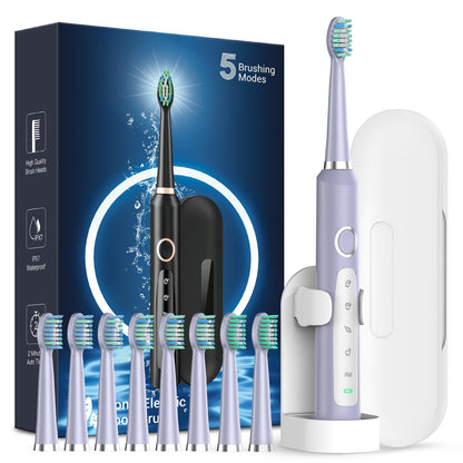 Rtauys M5 Sonic Electric Toothbrush for Adults and Kids - Rechargeable Electric Toothbrush Kids Ages 12+ and Adults with 8 Brush Heads & Travel Case, 120 Days Battery Life - Pink