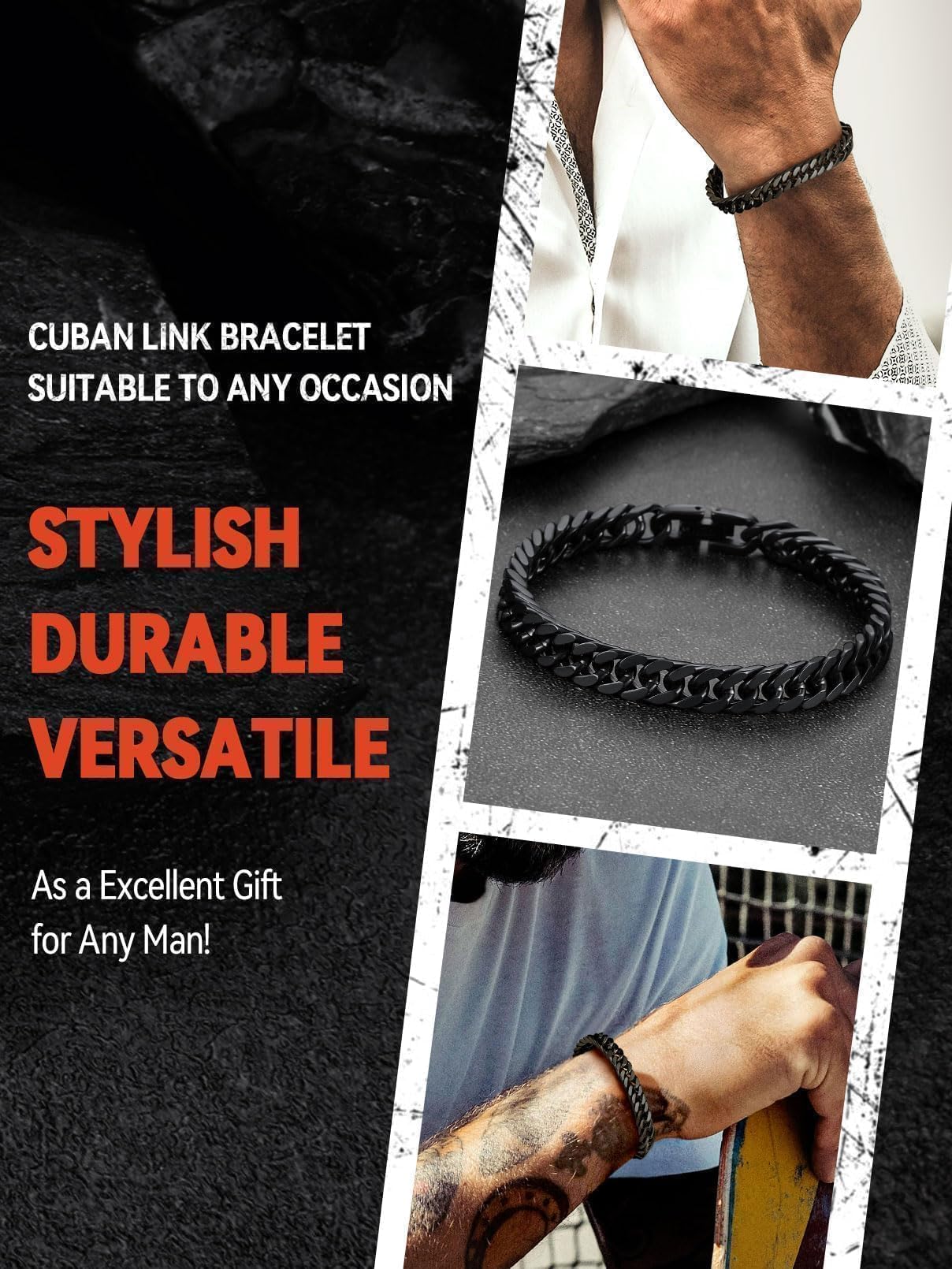 FaithHeart Cuban Link Black Bracelet for Men, 8/12/17mm Width Stainless Steel Wrist Bracelets Men's Hip Hop Jewelry 7.5/8.3/9.1 Inch Length for Valentine's Day/Father's Day/Birthday/Christmas