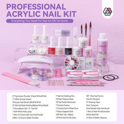 SAVILAND Essentials Acrylic Nail Kit Starter: Acrylic Nail Kit for Beginners with Everything White Pink Clear Acrylic Powder and Liquid Set #8/10/14 Nail Brush Forms Manicure Tools Home Nail Salon DIY