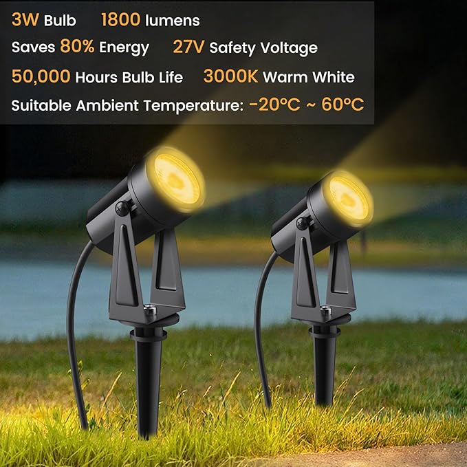Low Voltage Landscape Lighting,6 Pack Outdoor LED Landscape Spotlights with Transformer 27V Garden Lights Pathway Lights IP65 Waterproof 3000K Warm White