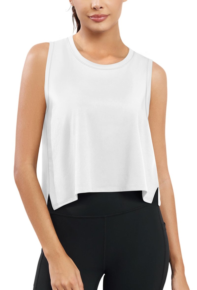 KevaMolly White Workout Tank Tops for Women Flowy Cropped Shirts UPF50+ Breathable Crew Neck Athletic Yoga Running Crop Tops M