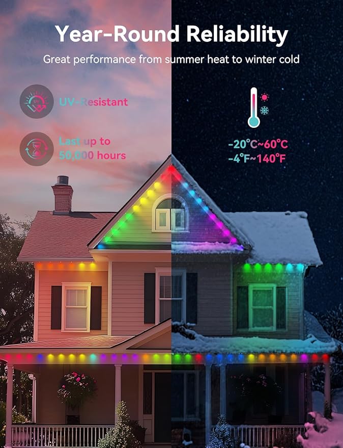 Permanent Outdoor Lights for House, RGB+IC IP67 Waterproof Smart Eave Lights 100ft with 72 LED, Eternity Lighting for Holiday Daily Decor, Work with Remote, APP