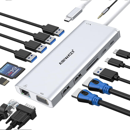 USB C Docking Station Dual Monitor for Dell/HP/Lenovo/Surface Laptop, 14 in 1 Triple Display Hub Multiple Adapter, Dongle with 2 HDMI 4K+VGA+5 Port+100W PD Charger+Ethernet+SD/TF+Audio