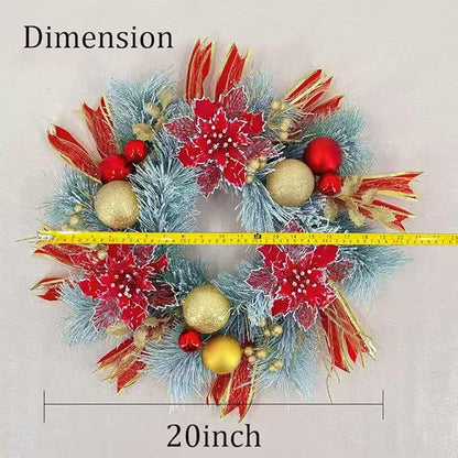 20 Inch Christmas Wreath for Front Door, Artificial Golden Glitter Wreath with Red Poinsettia Flowers Balls Ornaments for Door Wall Window Fireplace Party Decor