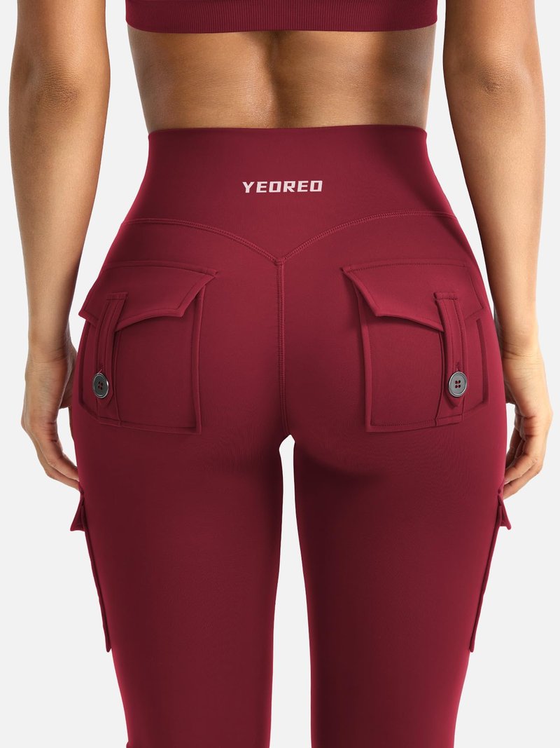 YEOREO CoreFlex Women Workout Flare Leggings with Pockets Hidden Scrunch High Waisted Cargo Gym Yoga No Front Seam Leggings Wine XXL