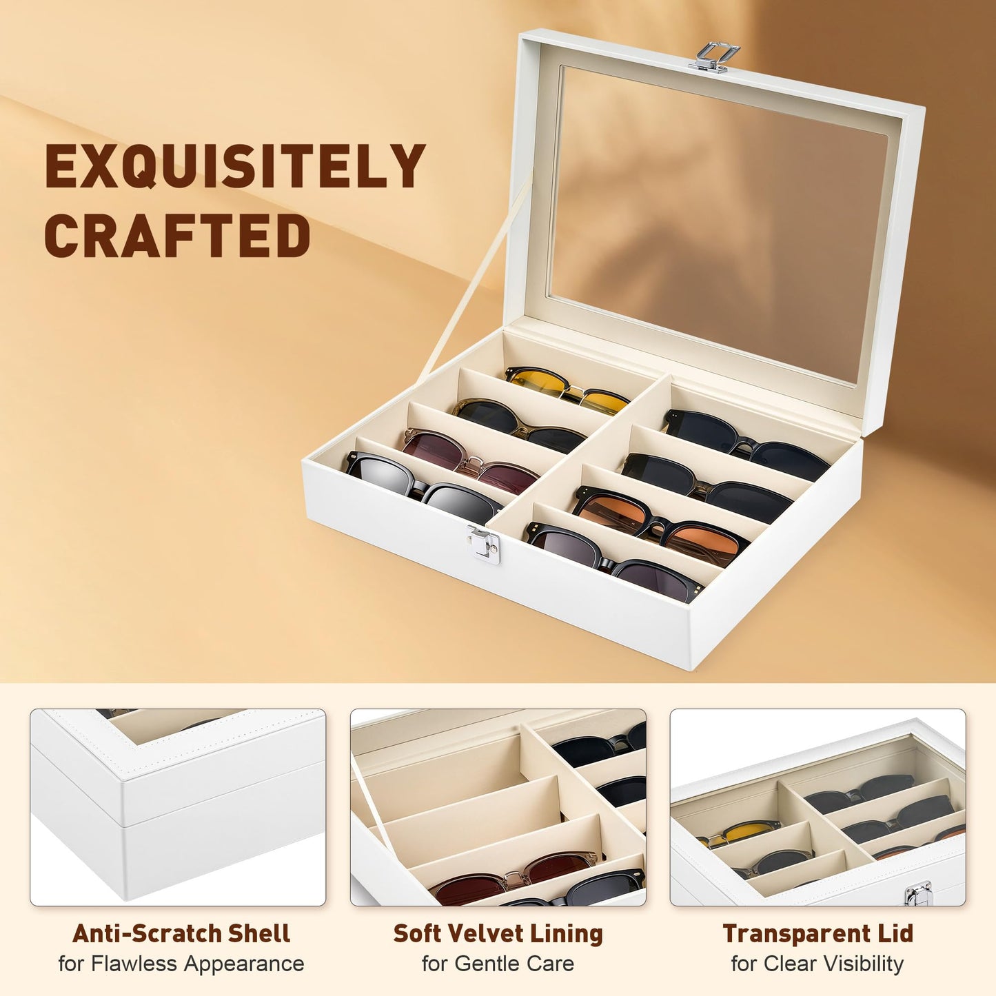 CO-Z Sunglasses Organizer with 8 Slots, Leather Eyeglasses Storage Box for Multiple Glasses, Lockable Display Case for Women Men, Glasses Holder for Watches Jewelry Collection, White
