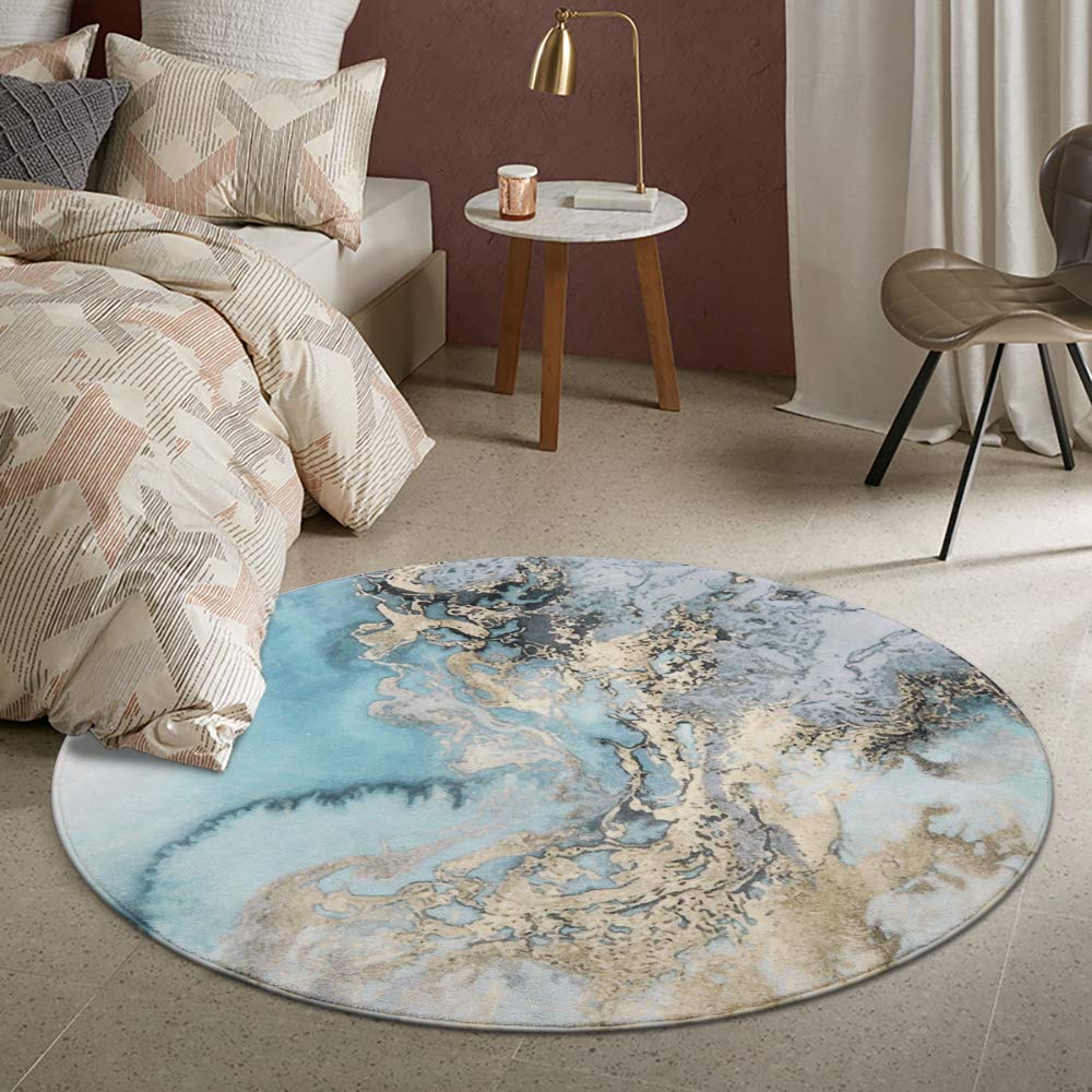 Lahome Marble Pattern Round Area Rug - 3' Diameter Faux Wool Non-Slip Area Rug Accent Distressed Throw Rugs Floor Carpet for Living Room Bedrooms Laundry Room Decor (Round - 3' Diameter, Blue)
