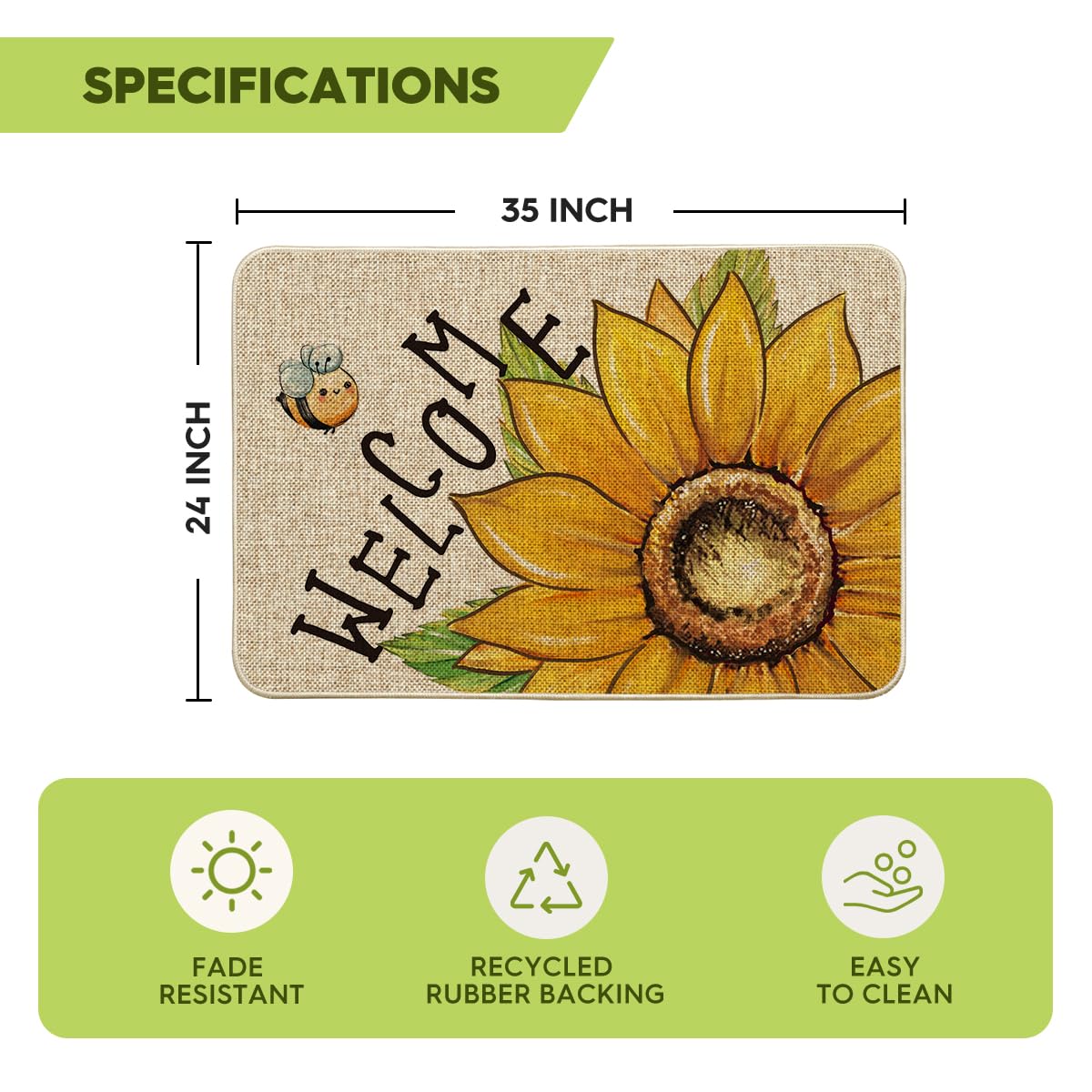 Artoid Mode Sunflowers Bee Welcome Summer Doormat, Seasonal Summer Holiday Yard Floor Switch Mat for Indoor Outdoor 24x35 Inch