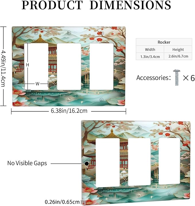 Asian Palace Traditional Bridge Cherry Blossoms 3 Gang Rocker Triple Outlet Wall Plate Decorative Switchplate Cover Faceplate GFCI Light Switch Covers for Farmhouse Living Decor