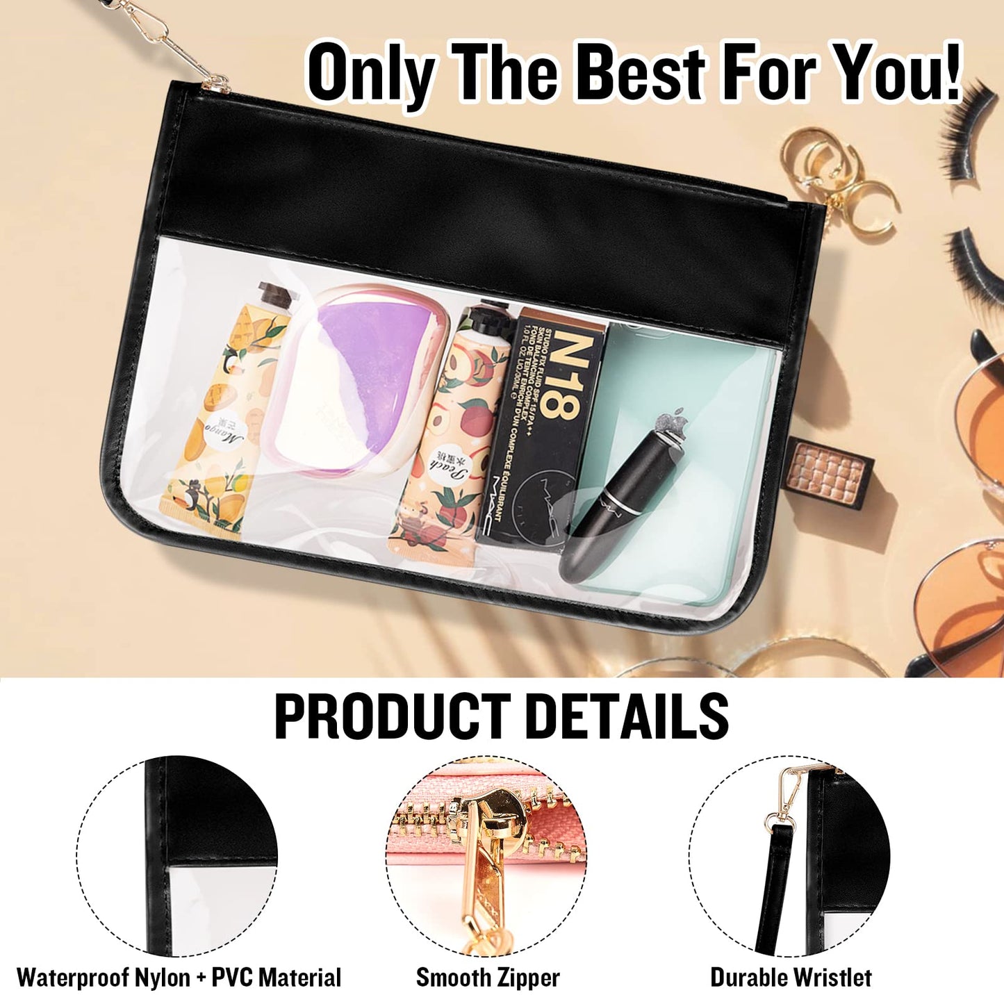 Izuzta Clear PVC Flat Pouch - Travel Makeup Bag With Wristlet, DIY Chenille Letter Bag, Waterproof Portable Toiletry Cosmetic Pouch for Women Girls (Black)