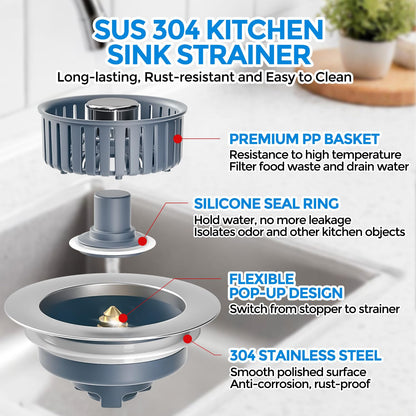 zaa 2 Pack Sink Drain Strainer, Sink Stopper, 3 in 1 Stainless Steel Kitchen Sink Drain Strainer with Anti-Clogging Basket, Fit US Standard 3-1/2 Inch Drain Hole