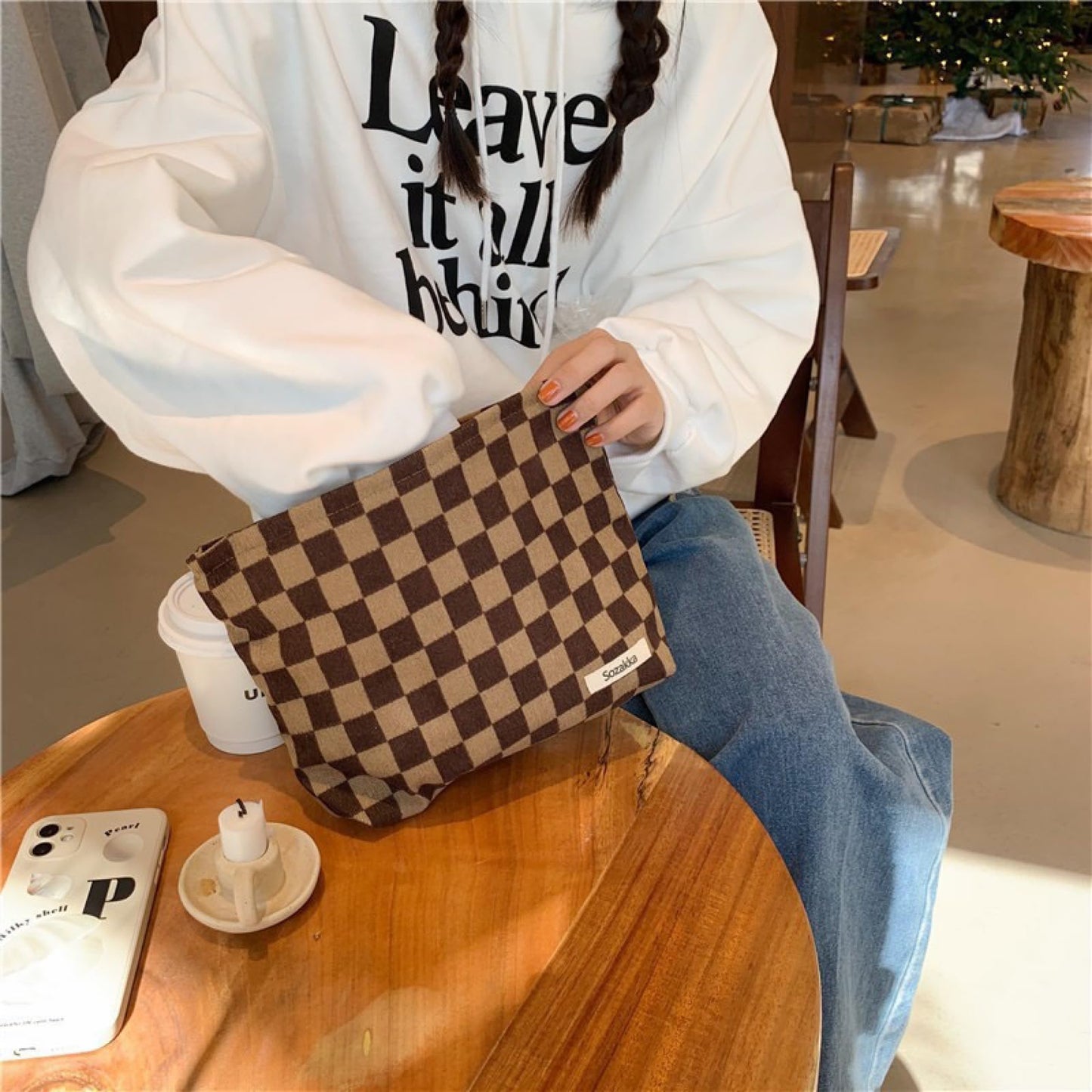BIVIZKU Travel Checkered Makeup Bag, Corduroy Cosmetic Bag for Purse, Small Cosmetic Zipper Pouch Cute Travel Checkered Makeup Bag Gift for Women,Girls (woven checkered)