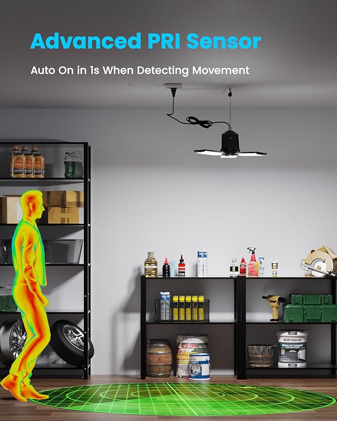 Garage Motion Sensor Lights Plug-in 2Pack, 8000LM Super Bright Motion Activated LED Shop Light, 360° Detection & Retractable Steel Wire, Indoor Motion Light Bulb for Attic/Barn