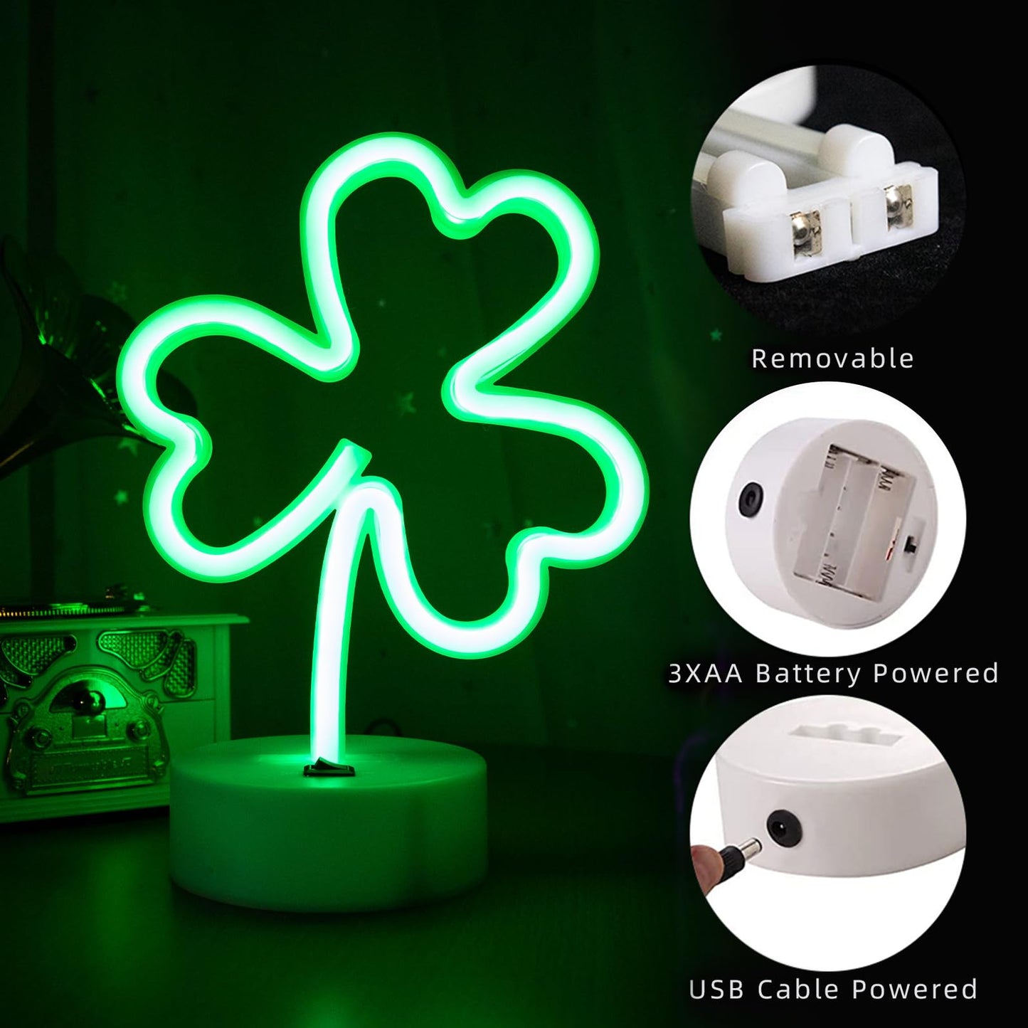 ENUOLI LED Neon Signs Lights Green Clover Shaped Neon Shamrock Night Light USB & Battery Powered Night Lamp Best Decoration Lights for St. Patrick's Day Gifts Kids Room Bedroom Bar(Shamrock)