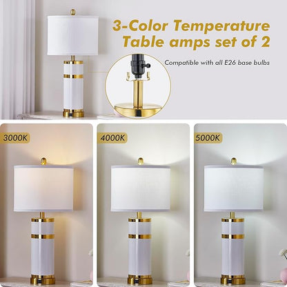 Ceramic Gold-Plated Decorative 28" Table Lamps Set of 2 with E26 Socket&Rotary Switch,USB A+C Ports,Modern Bedside Lamps for Nightstand,Bedroom,Living Room,Decoration,Office(Bulbs Included)