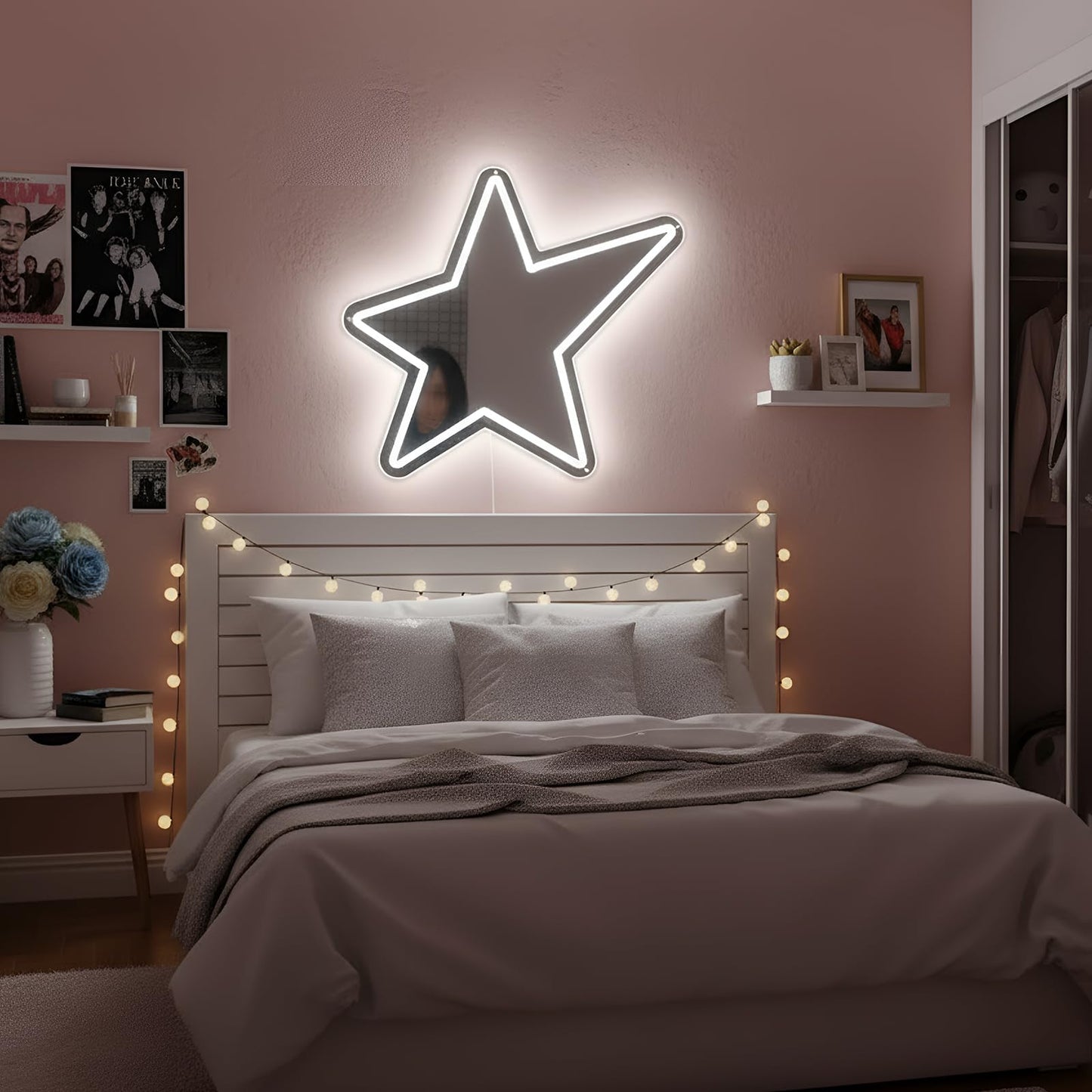Bucherry Star Neon Mirror Sign, Star Room Mirror, USB LED Light, White, 12"x15", Decorative Wall Decor, Ideal for Bedroom, Party, Studio, Store, Gift