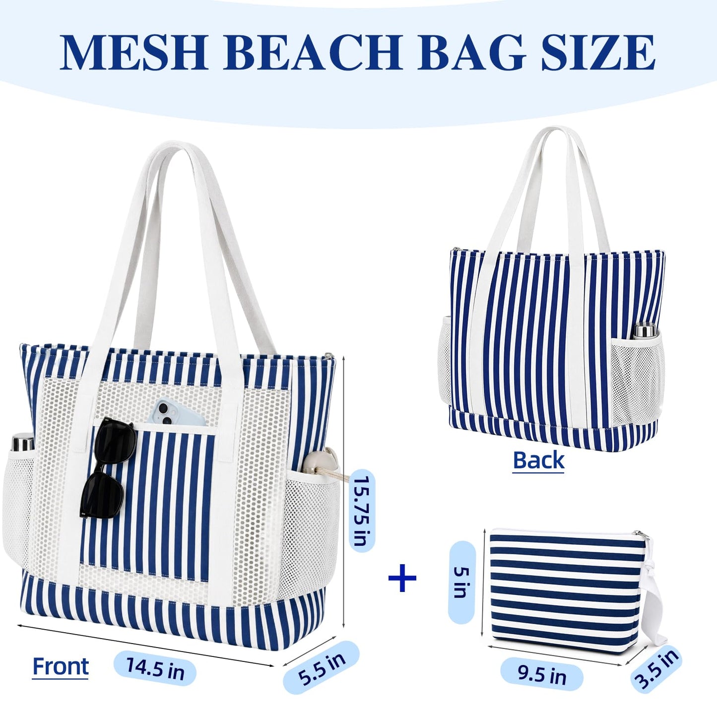MIAOJIE Mesh Beach Tote Bags for Women Corduroy Tote Bag Sandproof Mesh Beach Bag With Zipper Pocket Pool Bag for Weekender Travel Cruise Swim -Blue Stripes