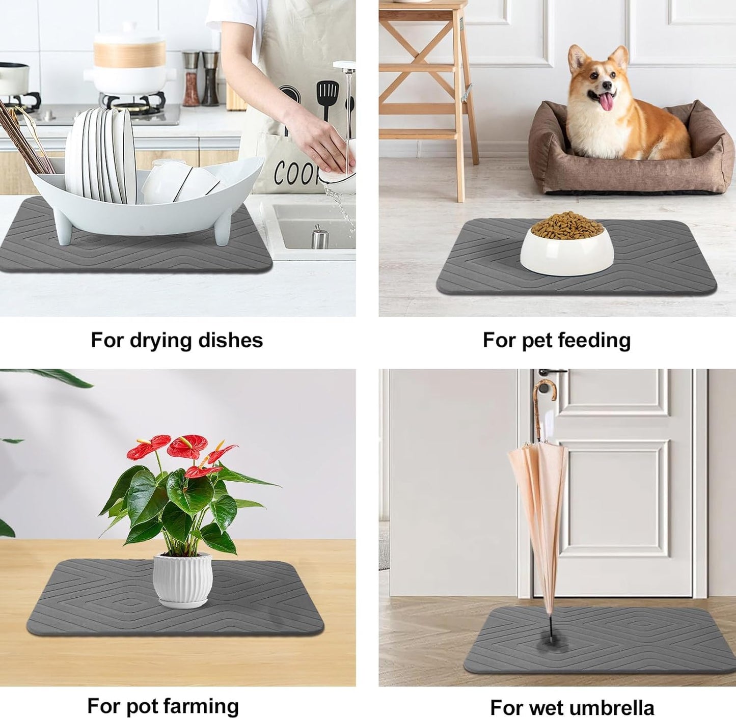 HUMIGA 2 Pack Stone Bath Mat, Diatomaceous Earth Shower Mat, Non-Slip Super Absorbent Quick Drying Bathroom Kitchen Floor Mat, 24x15, Grey