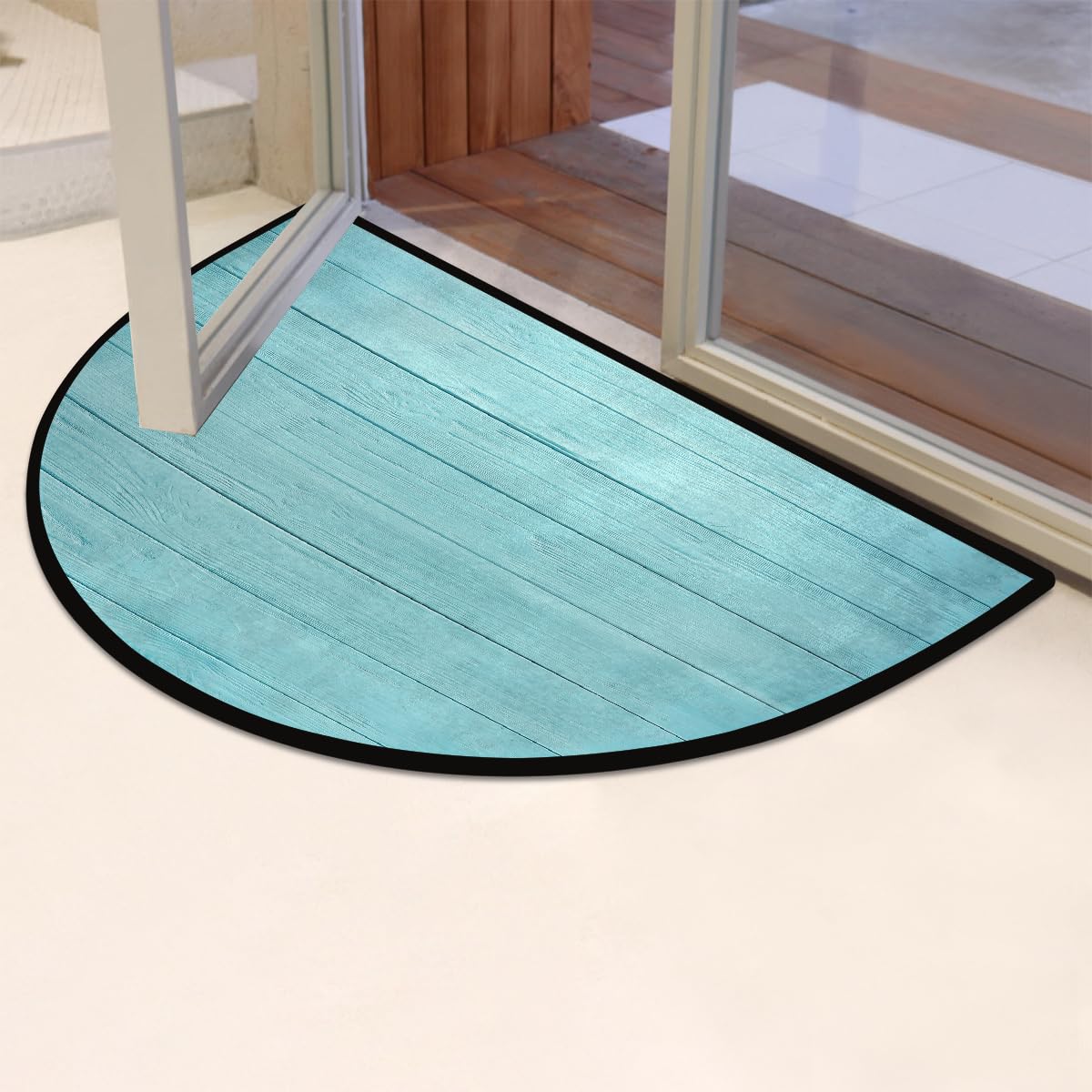 Half Round Doormat Non-Slip Washable Turquoise Teal Wood Texture Semi Circle Rug Soft Absorbent Half Moon Mat for Indoor Outdoor Entrance Kitchen Bathroom Sink Patio Welcome Fireplace Floor Rug