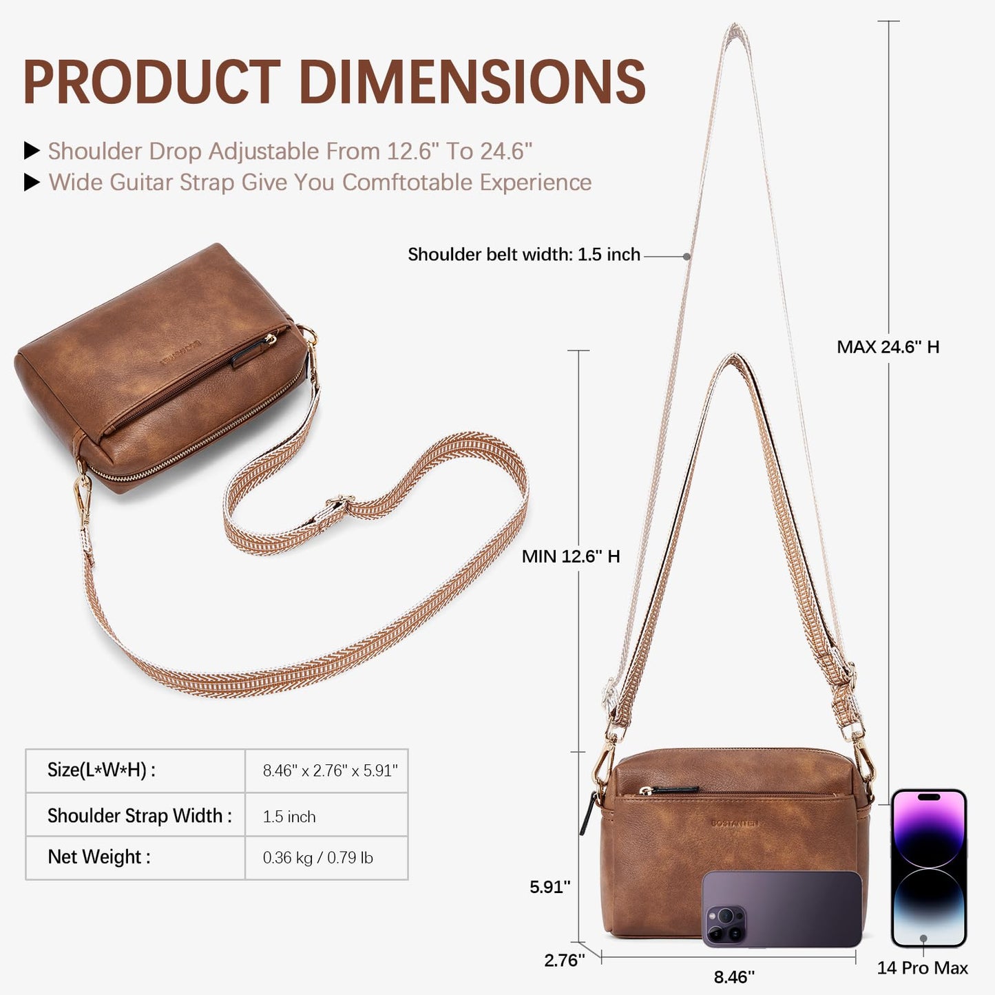 BOSTANTEN Small Crossbody Purse for Women Triple Zip Cell Phone Leather Shoulder Handbag with Wide Guitar Strap Brown
