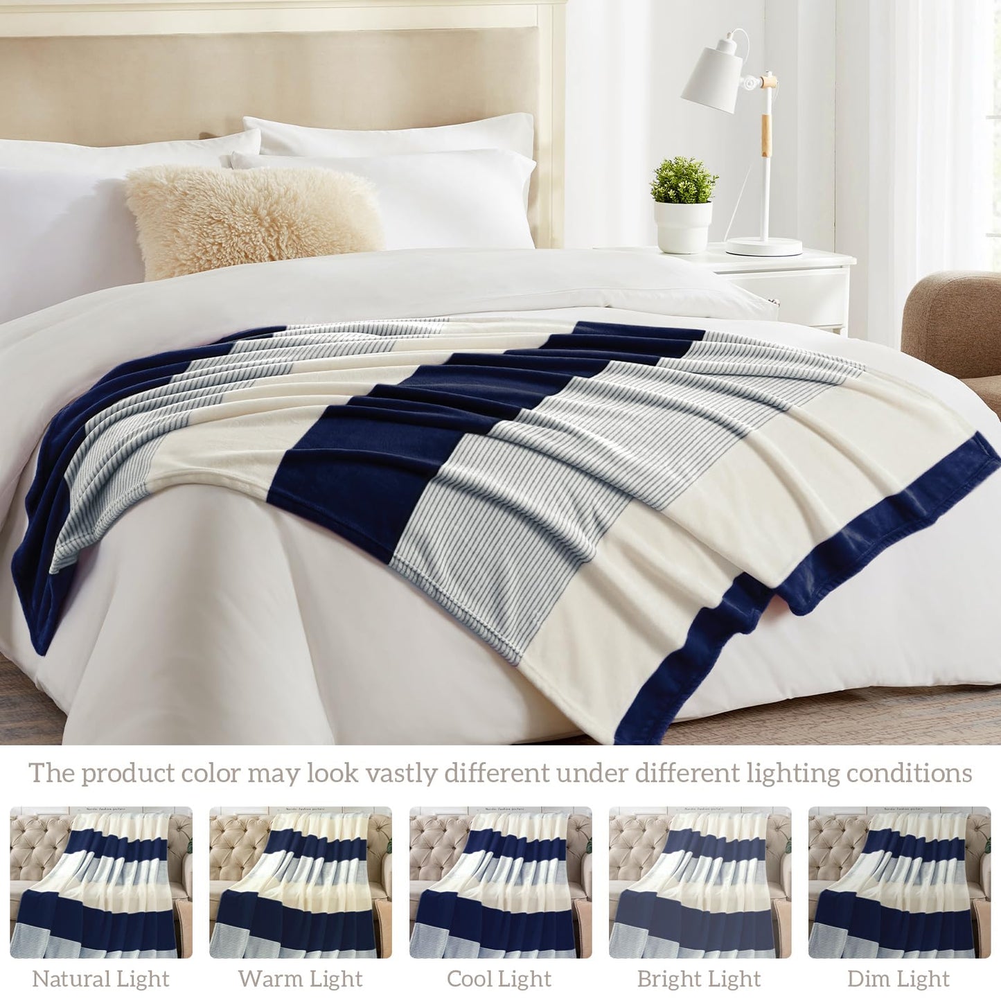 Homelike Moment Fleece Throw Blanket for Couch, Blue Soft Fluffy Blankets Throws, Fuzzy Cozy Plush Flannel Blanket for Sofa, Comfy Warm Lightweight Bed Blanket Striped (Navy Blue, 50x60IN)