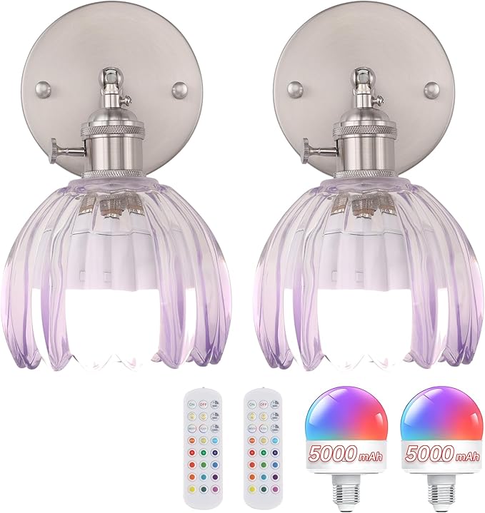Vintage 5000 mAh Battery Operated Wall Sconce with Translucent Purple Tulip Glass Lampshade Rechargeable Battery Powered Wall Light with Remote Control for Bedroom Doorway, Set of 2