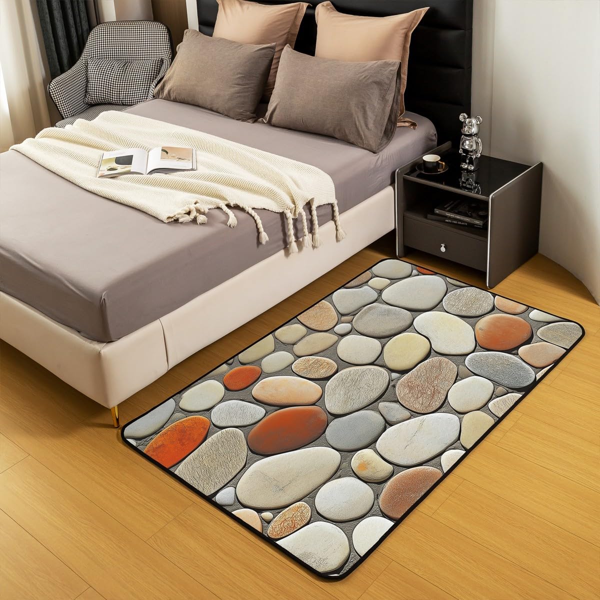 Pebble 3x5 Area Rug - 3D Stone Gravel Rugs for Living Room Garden Cobble Print Washable Rug, Cobblestone Hawaii Beach Carpet Indoor Floor Mat,Light Brown