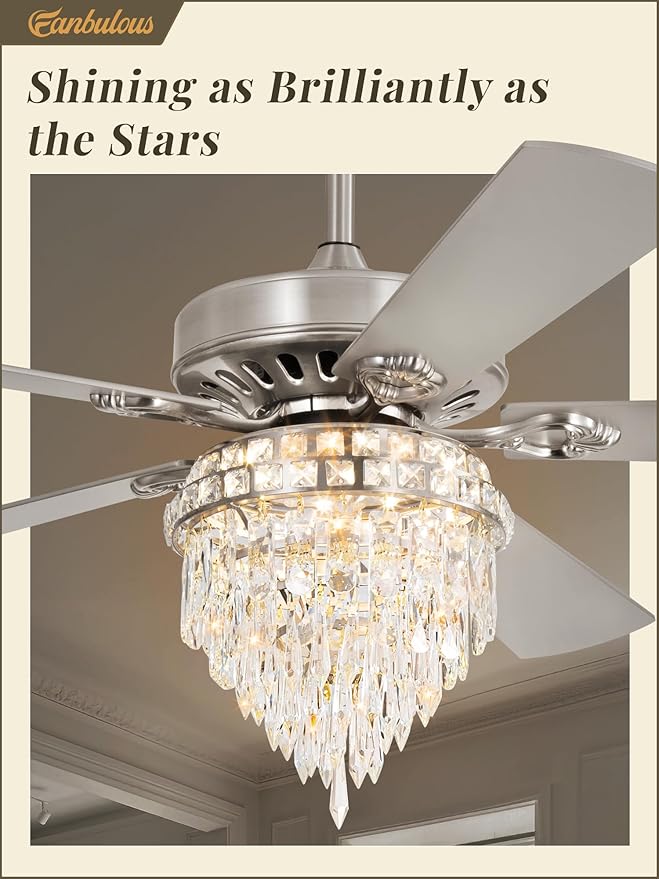 Fanbulous 60 Inch Modern Farmhouse Fandelier Ceiling Fans with Lights, Brushed Nickel Crystal Ceiling Fan Chandelier, 6 Speeds and Reversible, 3CCT, Indoor Ceiling Fan for Living Room Bedroom Kitchen