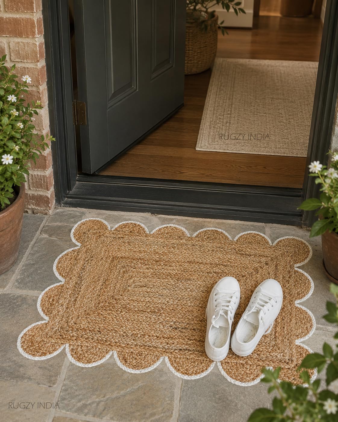Scalloped Natural Jute Area Rug Natural Base Off White Trim (Off-White, 2'x3')