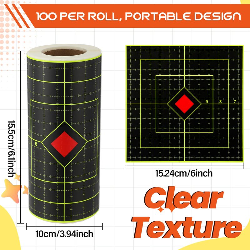 Teyva Daily 100 Pcs 6''/3'' Shooting Splatter Target Stickers Self Adhesive Reactive Splatter Targets Paper Roll for BB Gun Pellet Gun Airsoft Rifle Indoor Outdoor Shooting Range(6 Inch,Square)