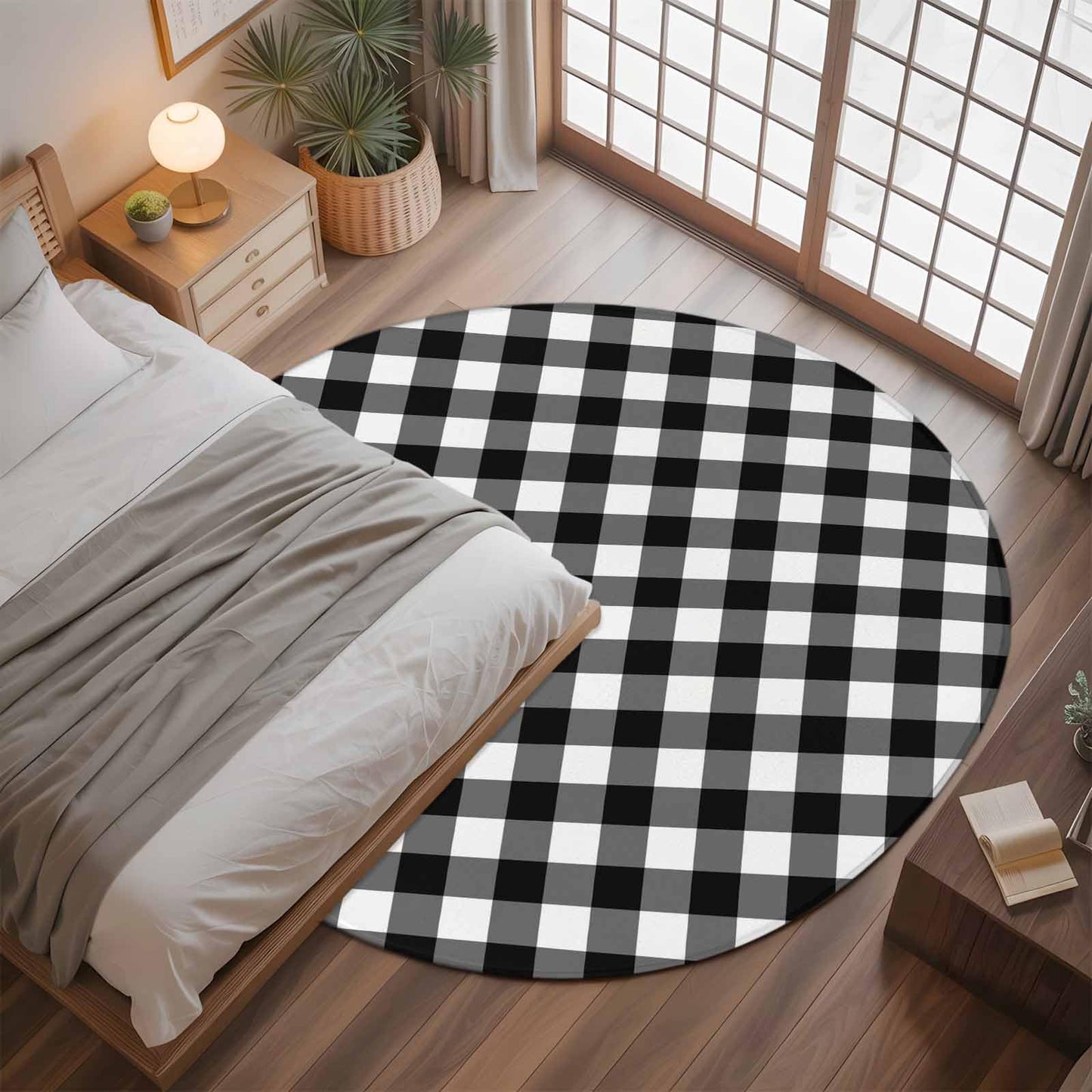 Black White Plaid Round Area Rug 4 FT, Non Slip Indoor Outdoor Rug, Modern Simple Buffalo Check Gingham Washable Soft Circular Carpet Non-Shedding Floor Mat for Coffee Table Nursery Foyer Balcony