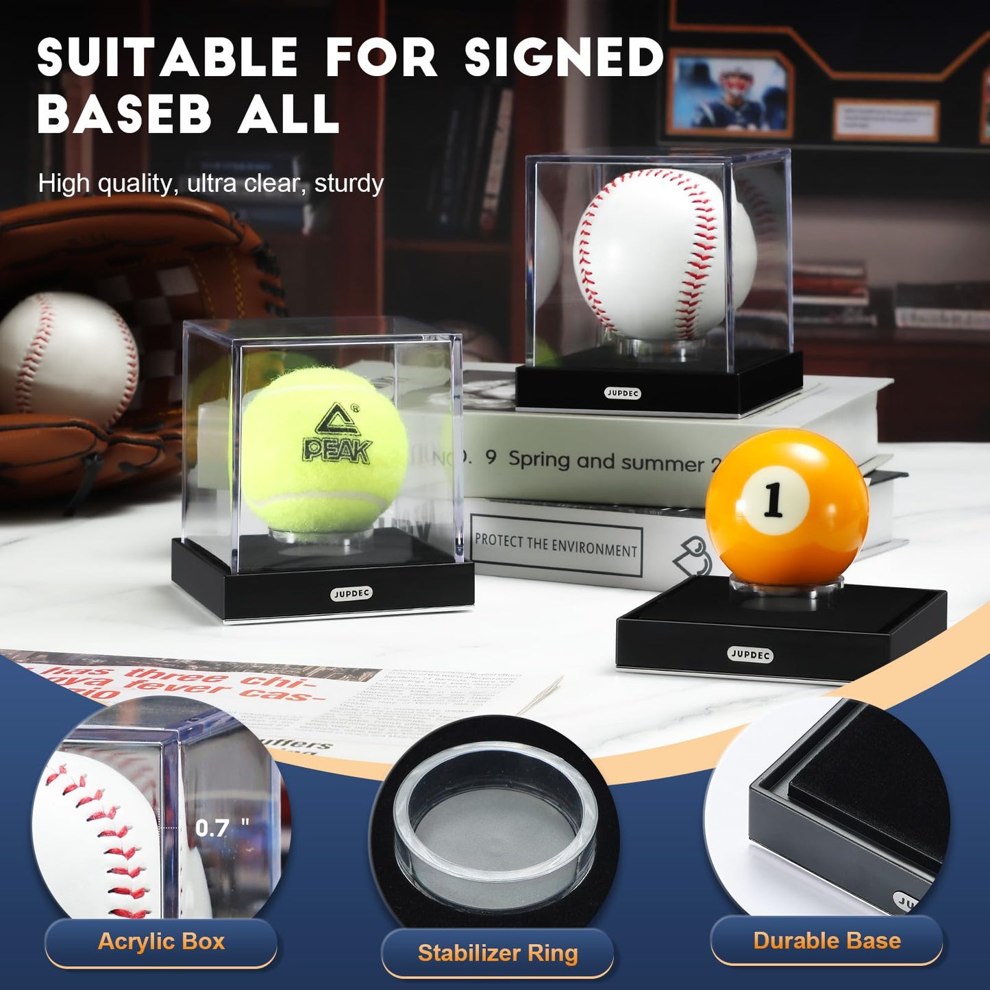 JupDec Baseball Display Case for Single Autograph Ball, Clear Acrylic Cube Baseball Holder with Velvet Interior, UV Protected Stand Box with Durable Base, Ideal Gift for Sports Fans, Silvery, 2 Pack