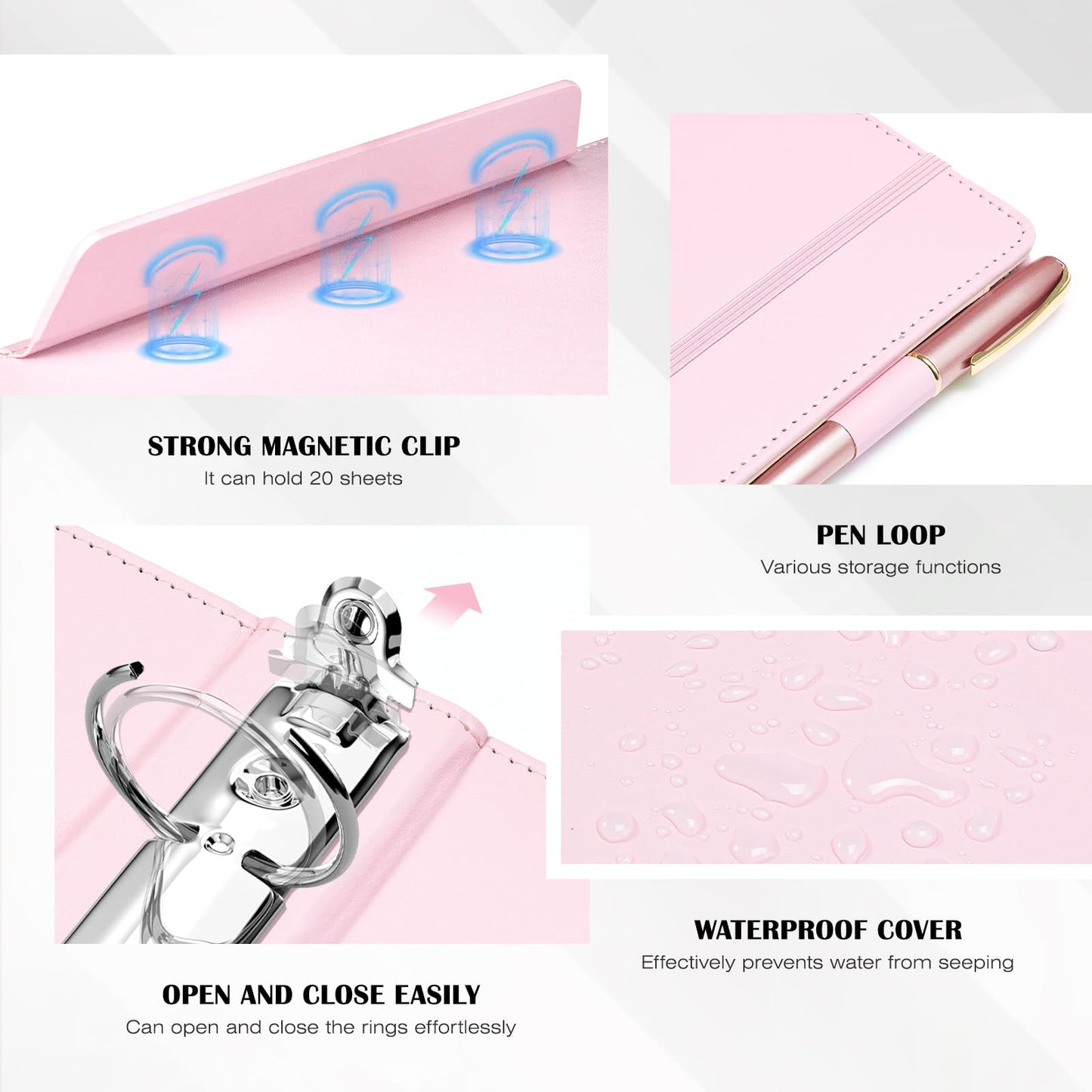 Ospelelf Pink Leather Binder with Magnetic Clipboard, 1 Inch Binders 3 Ring with Storage Zipper Pouch, Pocketed Dividers, Professional Clipboard Folder for School Office Nursing