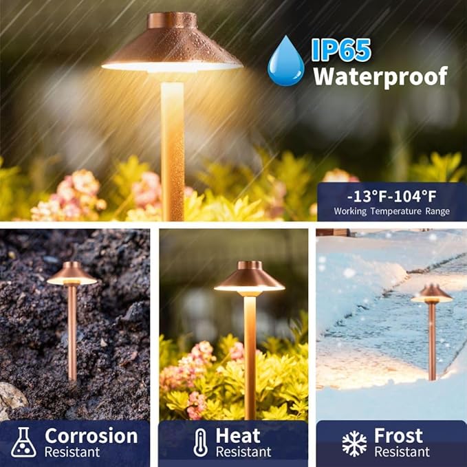 Gardenreet Outdoor Brass Low Voltage Driveway Lights, Copper Electric Waterproof Pathway Lighting, Wired Bronze Hat Top Path Lights for Sideway Garden Patio with 3W 270LM 4000K G4 Bulb 10 Pack