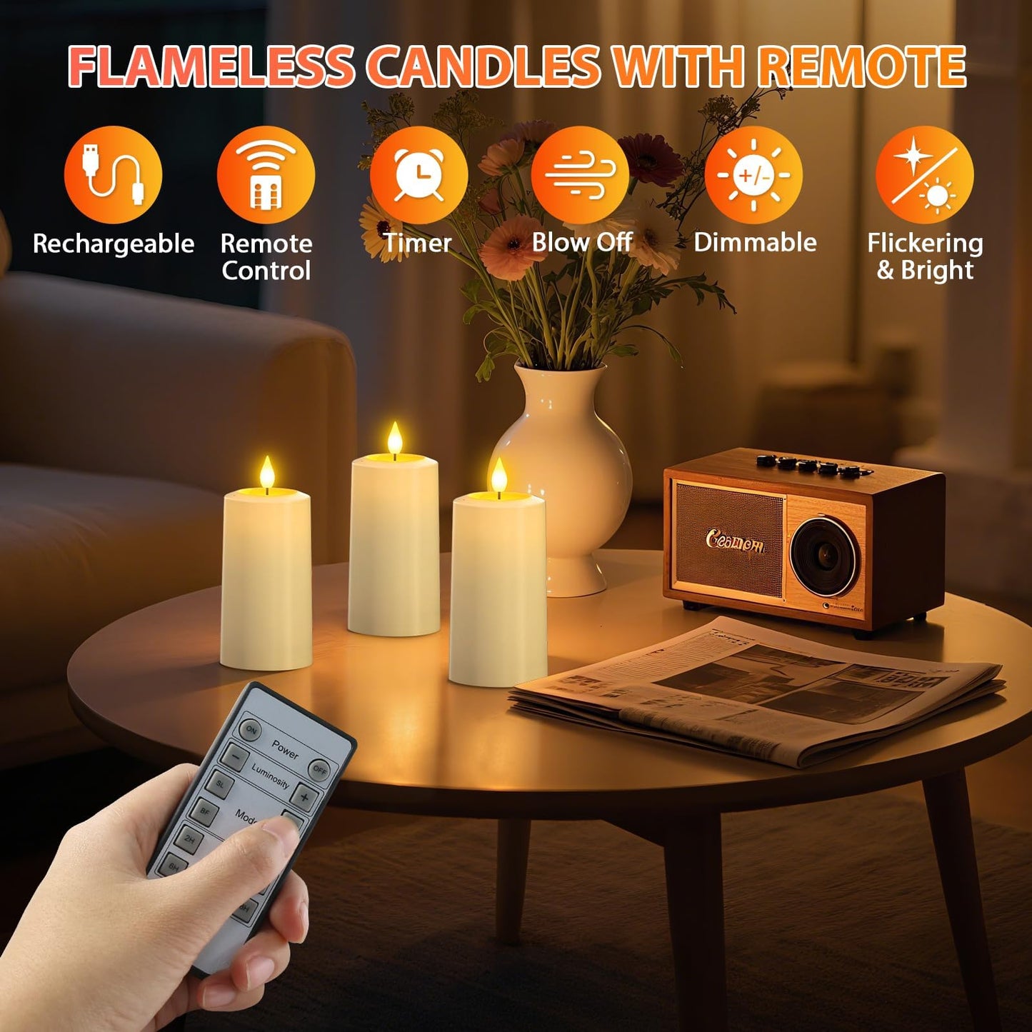 SoulBay USB Rechargeable Flameless Candles, 4-Pack LED Pillar Candles with Remote and Timer, Fake Electric Candles for Indoor Home Decor, Lanterns, Christmas & Parties (Magic Blow-Out Feature)