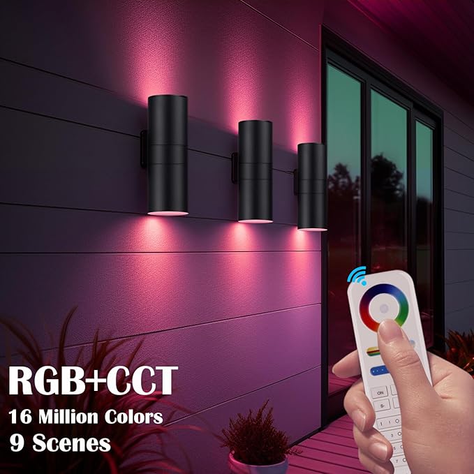 Exterior Double Up Down Outdoor Wall Lights, Mi.Light Remote Control RGB Color Changing 1200lm Warm White 3000k RGB+CCT Cylinder Outdoor Wall Light, Smart LED Exterior Lighting (2 Pack)