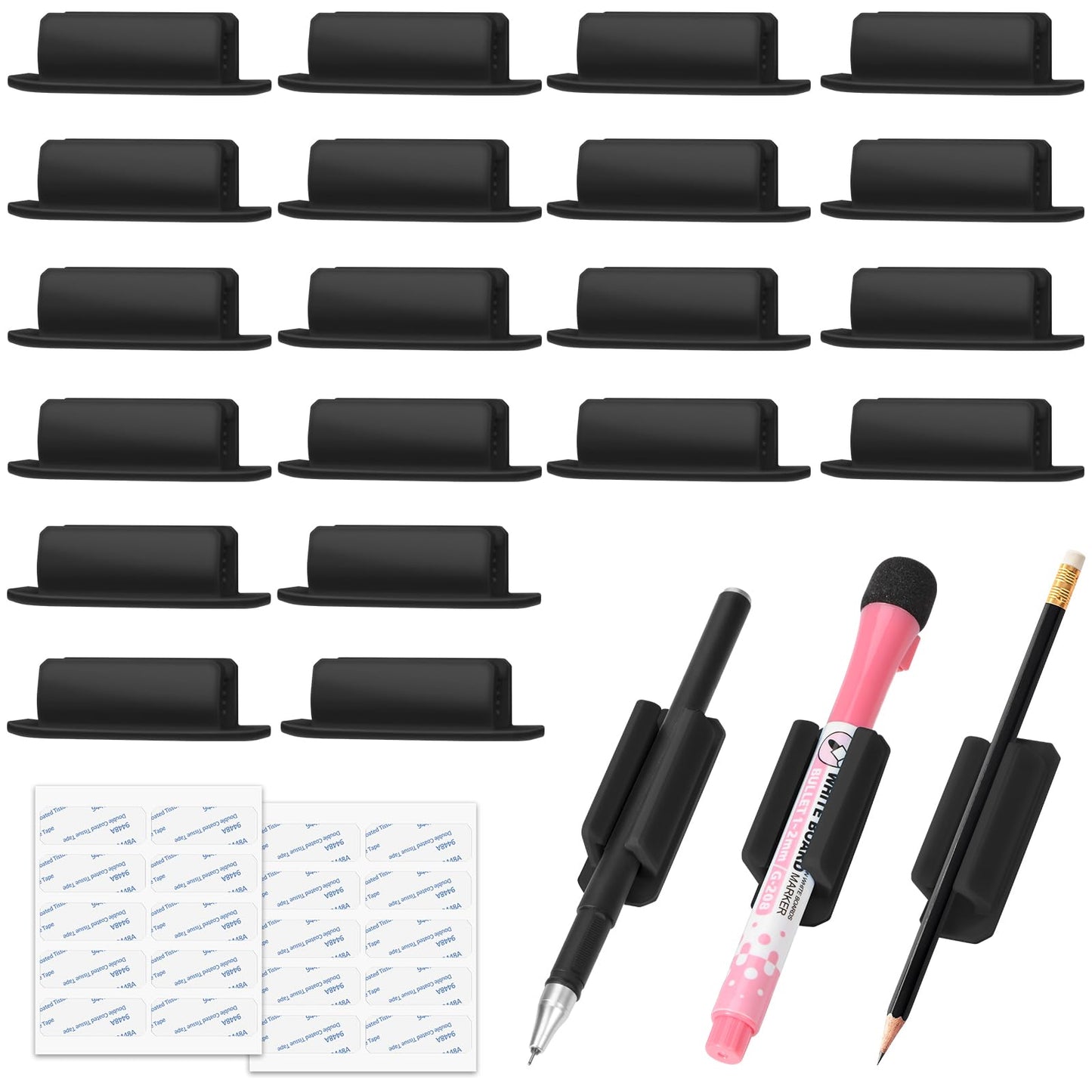 BOBOKA 20Pcs Pencil Holder for Desk, Adhesive Pen Holder for Classroom Clipboard Attachment, Silicone Pencil Holder & Marker Holder for School Office Desk Accessories, Teacher Supplies