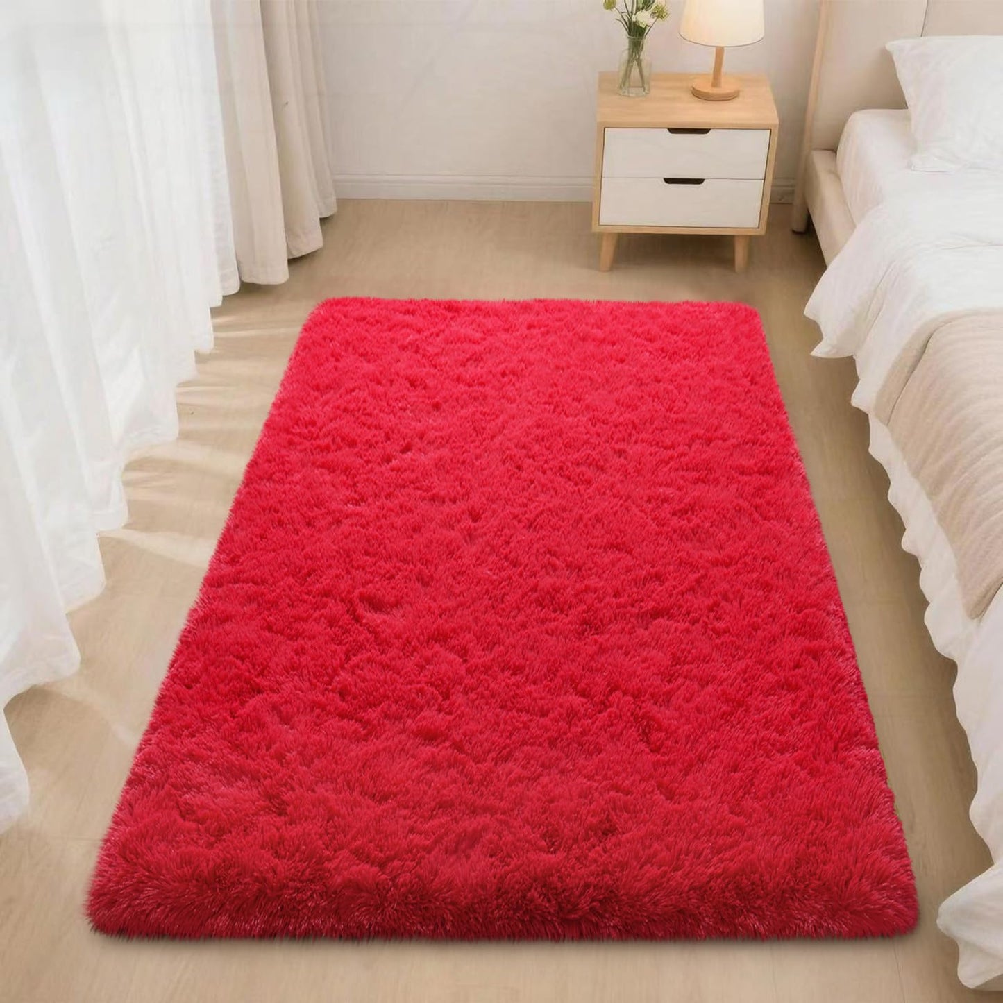 Mugorn Red Rugs for Bedroom, 2x3 Fluffy Area Rugs for Living Room, Soft Shag Kids Rug Small Carpet with 4 Non-Slip Rug Pads (Red, 2ft x 3ft)