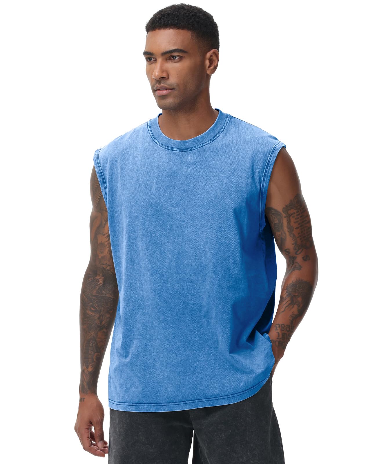 Mens Workout Tank Tops Sleeveless Tee Shirts Men Muscle Shirt Gym Acid Wash T Shirts Running Beach Loose Fit Tee(BU,XL) Blue