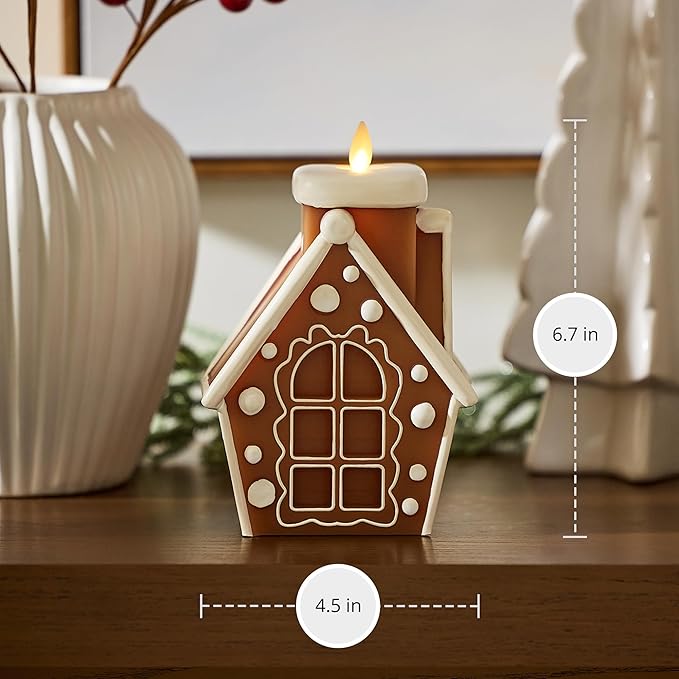 Luminara Flickering Flameless Candle 4.5" x 6.7", Battery Operated Timer Function, Remote Ready (Sold Separately), Gingerbread House Moving Flame LED Light Figural Candle for Christmas Holiday Display