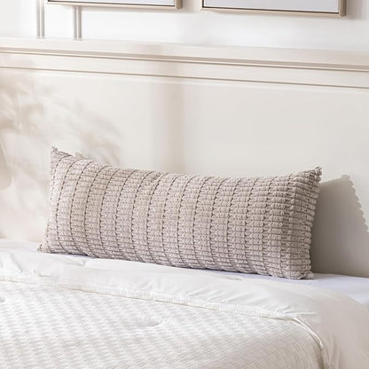 Fancy Homi Taupe Long Lumbar Decorative Throw Pillow Covers 14x36 Inch for Bed Couch Bed Sofa, Rustic Farmhouse Boho Room Decor, Soft Striped Corduroy Rectangle Cushion Case 35x91 cm