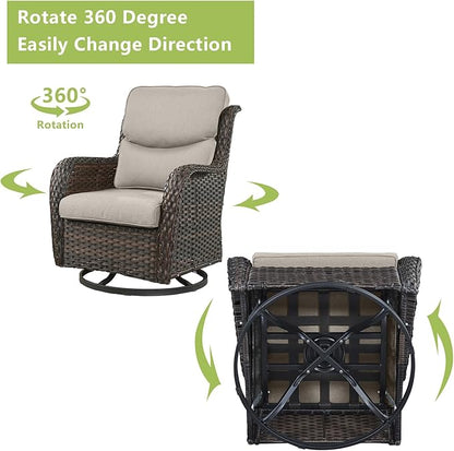 Rilyson Wicker Patio Furniture Set - 5 Piece Rattan Outdoor Sectional Conversation Sets with 2 Swivel Rocking Chairs,2 Ottomans and 1 Side Table for Porch Deck Garden(Brown/Beige/Smile)